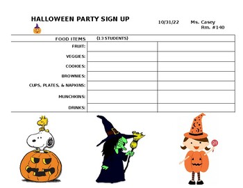 Preview of Halloween Class Party Sign Up Sheet