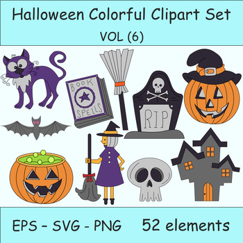 Preview of Halloween Clipart Set. Colorful Hand-drawn Halloween Cartoon Illustrations