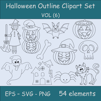 Preview of Halloween Clipart Set. Halloween Illustrations Bundle. 54Outline Cartoon Element