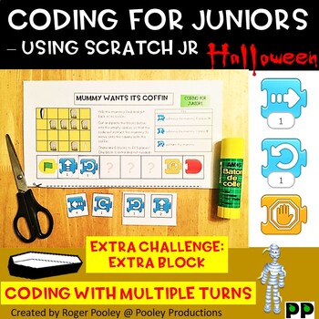 Preview of Halloween Coding -Using Scratch Jr, making turns, extra block, answer key, notes