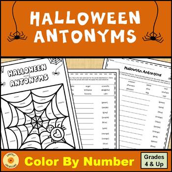 Preview of Halloween Color By Code Antonyms Worksheet