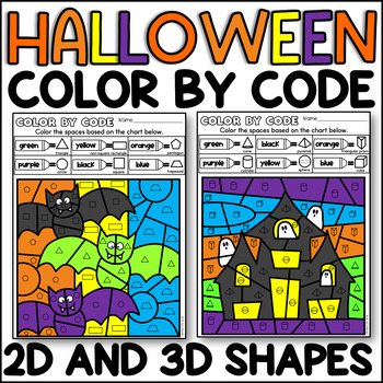 Preview of Halloween Color by Code 2D and 3D Shapes Identification Worksheets Activity
