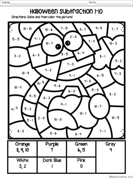 Halloween Color by Number - Addition - Subtraction - Grades K - 3 - No Prep