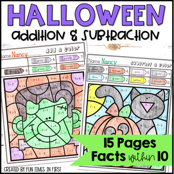 Preview of Halloween Color By Number Addition & Subtraction Facts within 10 Math Worksheets