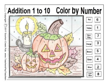 Halloween Color by Number - Addition from 1 to 10 Pre-K to Gr. 3