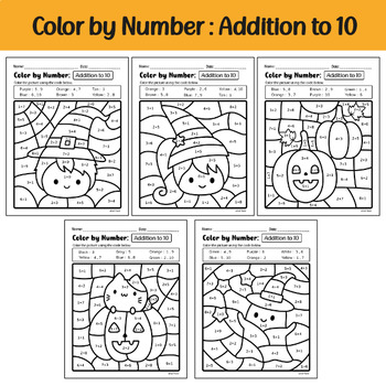 Halloween Color by Number, Numbers 1-10 and Addition to 10 - Freebie