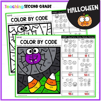 Halloween Color by Number - Telling Time, Counting Money, and Fractions ...