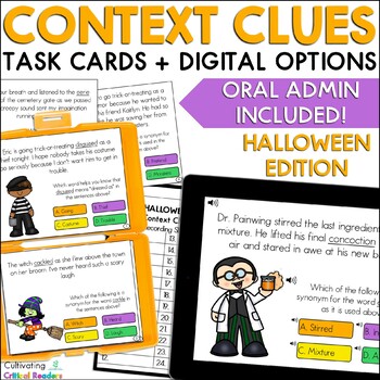 Preview of Halloween Context Clues Task Cards Print & Digital with Audio Halloween Activity