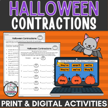 Preview of Halloween Contractions Worksheets Puzzles and Digital Activities