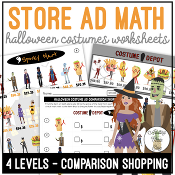 Preview of Halloween Costume Store Ad Math Comparison Shopping Worksheets