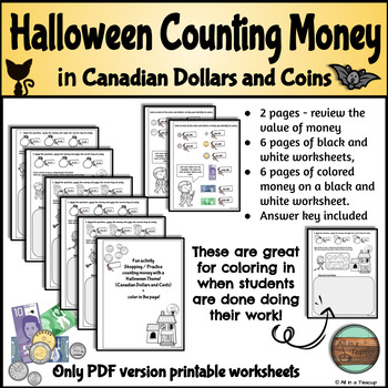 Preview of Halloween Counting Canadian Money Worksheets  