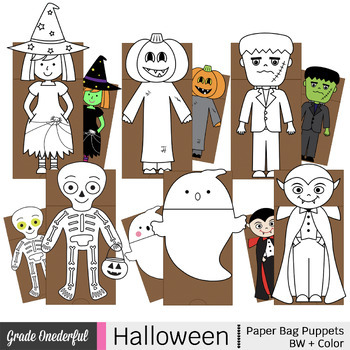 Preview of Halloween Craft Paper Bag Puppets | Witch Pumpkin Frankenstein Ghost Skeleton