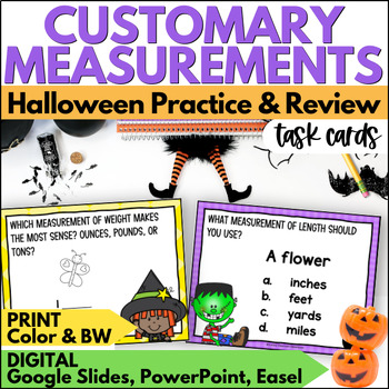 Preview of Halloween Customary Measurement Task Cards - October Practice & Review Activity