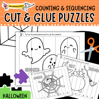 Preview of Halloween Cut & Glue Number Puzzle Math Center | Counting & Cardinality 5-10