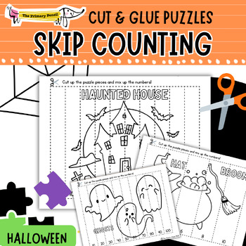 Preview of Halloween Cut & Glue Number Puzzle Math Center | Skip Counting 2's, 5's, & 10's
