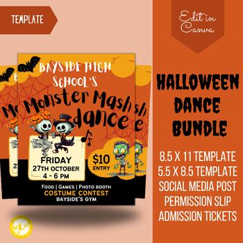 Preview of Halloween Dance Party Flyer Template Bundle, Include Permission Slips