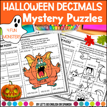 Preview of Halloween Decimal Mystery Picture Puzzle Activities Comparing Word Form Ordering