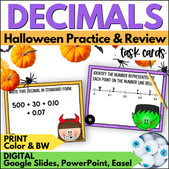 Preview of Halloween Decimals Task Cards- October Place Value & Comparing Decimals Activity