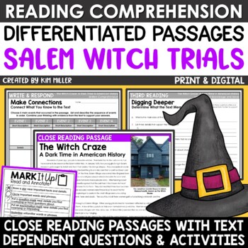 Preview of Halloween Close Reading Comprehension Passages & Questions Salem Witch Trials