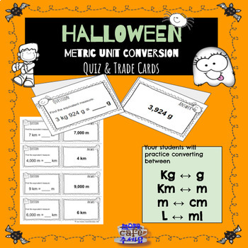 Preview of Halloween Differentiated Metric Conversion Quiz and Trade task cards 4.MD.1