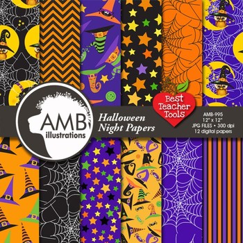 Preview of Halloween Digital Paper, Owl Witches Clipart, AMB-995