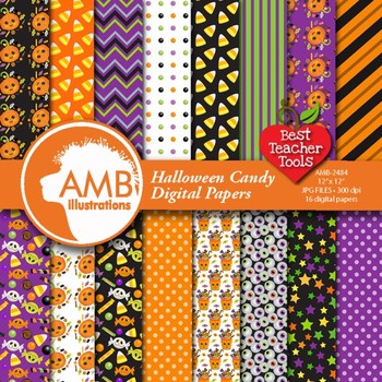Preview of Halloween Digital Paper, Trick or Treat Papers, Halloween Candy, AMB-2484