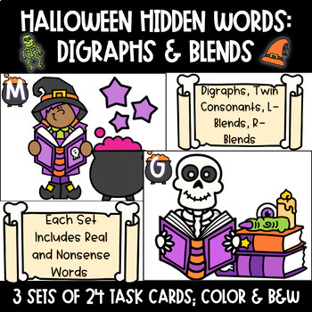 Preview of Halloween Digraph and Consonant Blends Task Cards - Halloween Phonics Task Cards