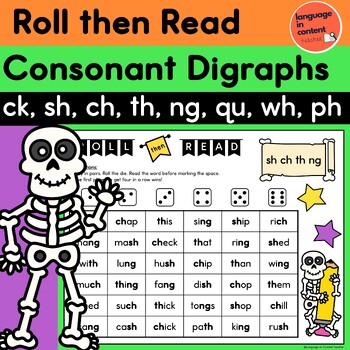 Preview of Halloween Digraphs Phonics Partner Game Roll then Read CK SH CH TH NG QU WH PH