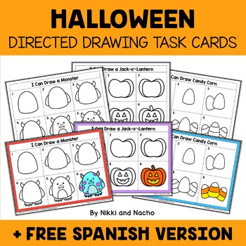 Preview of Halloween Directed Drawing Task Card Activities + FREE Spanish