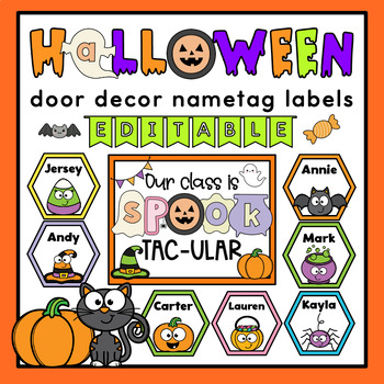Preview of Halloween Door Decor | Editable Name Tag Labels | Bulletin Board