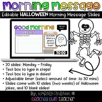 Preview of Halloween Editable Morning Message PowerPoint Slides (w/ Timers): Monday -Friday