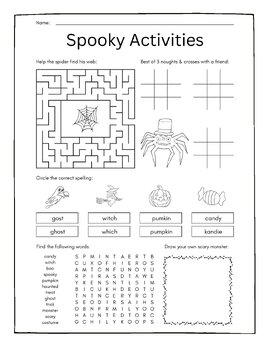 Halloween Elementary Worksheets: Patterns, Counting, Word Search, Drawing