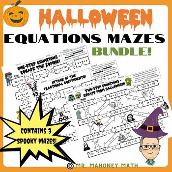 Preview of Halloween Equations Maze Bundle -- One-Step, Two-Step & Fractional Coefficients