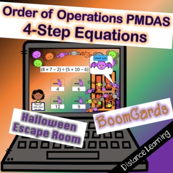 Preview of Halloween Escape Room Order of Operations PMDAS (4-Step Equations) | Boom Cards