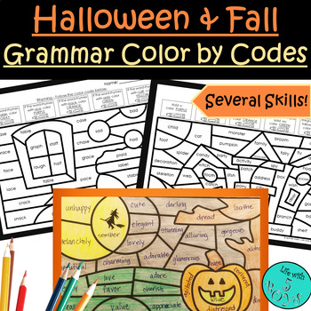 Preview of 3rd Grade Halloween/Fall Grammar Parts of Speech Review Color by Code Activities
