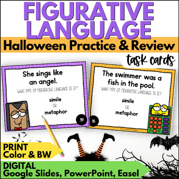 Preview of Halloween Figurative Language Task Cards Activities - October Reading Practice