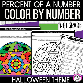 Preview of Halloween Find the Percent of a Number Color by Number Activity 6th Grade