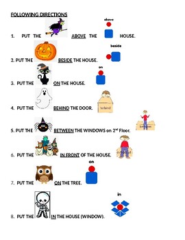 Preview of Halloween Following Directions Activity (Learn Prepositions - w/ visual support)