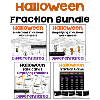 Preview of Halloween Fraction Bundle with Worksheets, Task Cards, and Game