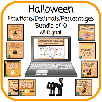 Preview of Halloween Fractions Decimals and Percentages Bundle of Games and Lessons