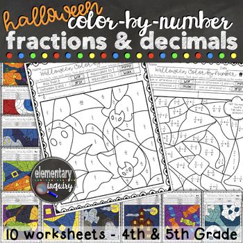 Preview of Halloween Fractions and Decimals Math Activity Color by Number Worksheets