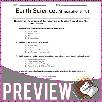 earth science the atmosphere 190 questions 10 worksheets grade 7