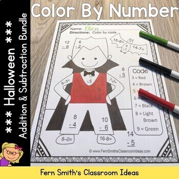 Preview of Halloween Color By Number Addition and Subtraction Bundle