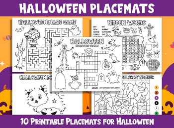 Preview of Halloween Fun Placemats: 10 Printable Activities for Kids, PDF File, US Letter