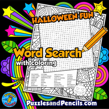 Preview of Halloween Fun Word Search Puzzle Activity Page with Coloring | Halloween Puzzle