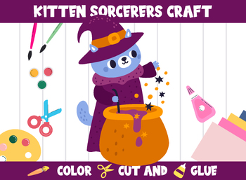 Preview of Halloween - Funny Kitten Sorcerers Craft Activity - Color, Cut, and Glue