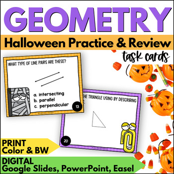 Preview of Halloween Geometry Task Cards - Shapes, Lines, and Angles Practice and Review