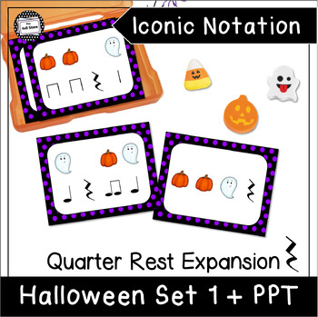 Preview of Halloween Ghost Pumpkin Pre Rhythm Iconic Notation Cards Set 1 Quarter Rests