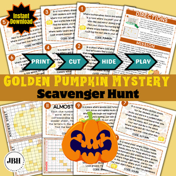 Preview of Halloween Golden Pumpkin Scavenger Hunt Game for Kids, Solve Riddle Find Clues