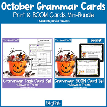 Preview of Halloween Grammar Print Task Cards and BOOM Cards BUNDLE